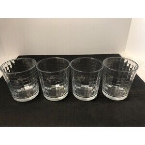 Vintage Pasabahce Glasses 6 oz Lowball Block Optic Windowpane Grid Set Of 4